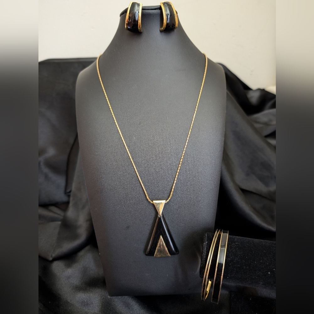 Vintage Monet Black and Gold Necklace and Monet Bracelets with Avon Earrings Set